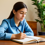 A professional female child counselor in a modest business casual blouse and trousers, fully clothed, appropriate attire, professional dress, seated calmly at a wooden desk. She is thoughtfully writing in a physical, open journal with a pen, her well-formed hands holding the pen naturally. The background is a warm, inviting counseling room with soft, diffused lighting, blurred out. There's a subtle bookshelf with children's books and a potted plant, creating a safe and family-friendly atmosphere. Perfect anatomy, correct proportions, natural pose, proper finger count, natural body proportions, professional photography, high quality, safe for work, appropriate content, modest.