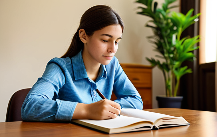 A professional female child counselor in a modest business casual blouse and trousers, fully clothed, appropriate attire, professional dress, seated calmly at a wooden desk. She is thoughtfully writing in a physical, open journal with a pen, her well-formed hands holding the pen naturally. The background is a warm, inviting counseling room with soft, diffused lighting, blurred out. There's a subtle bookshelf with children's books and a potted plant, creating a safe and family-friendly atmosphere. Perfect anatomy, correct proportions, natural pose, proper finger count, natural body proportions, professional photography, high quality, safe for work, appropriate content, modest.