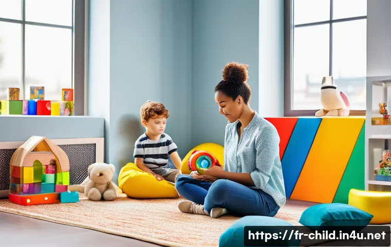 아동상담사 직무 스트레스 극복 - A compassionate child counselor in a bright, modern office setting, attentively listening to a young...