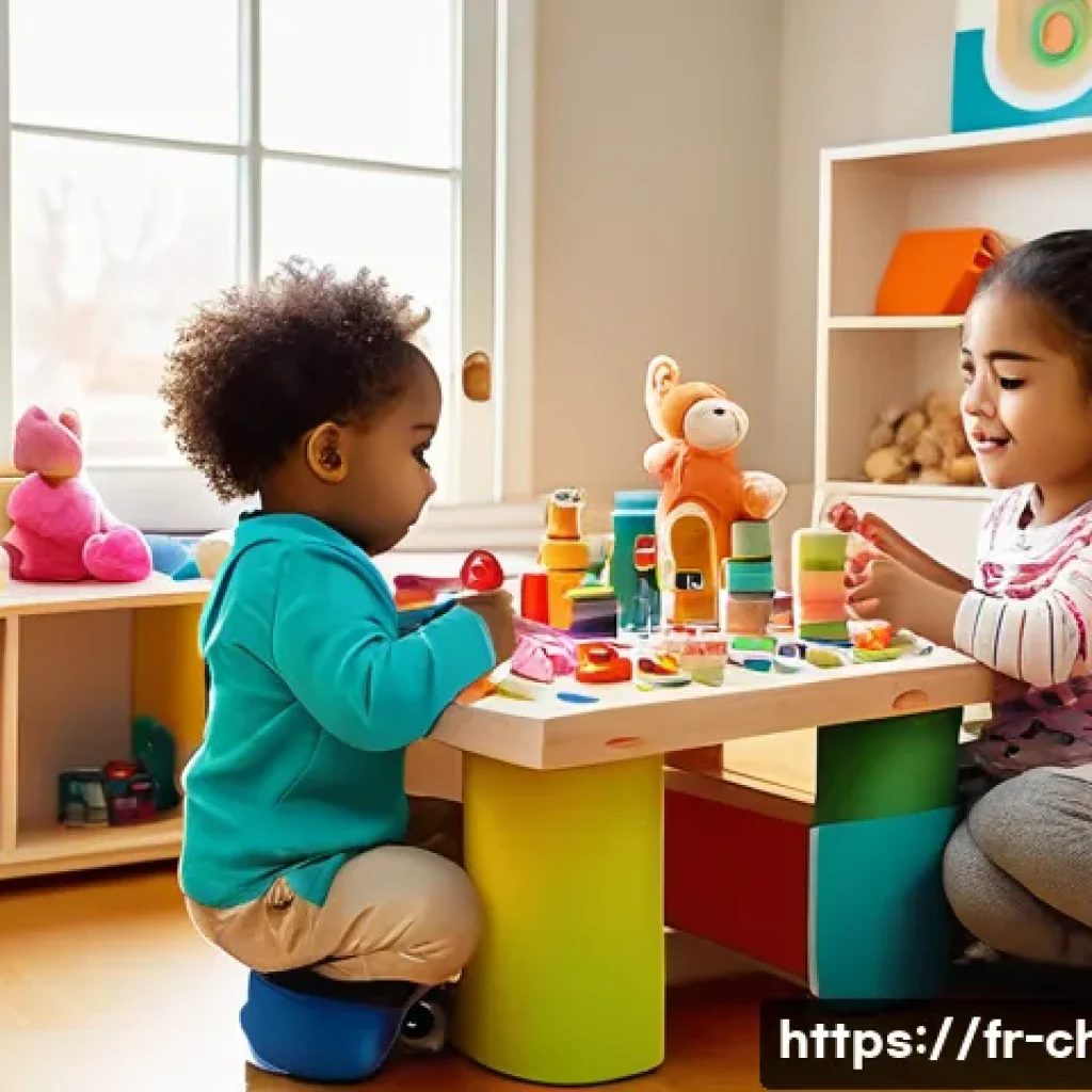 아동상담사 심리학 이론 - A warm, inviting therapy room with soft natural light filtering through a window. A young child arou...