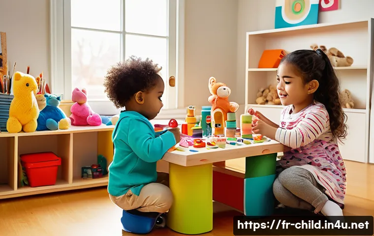 아동상담사 심리학 이론 - A warm, inviting therapy room with soft natural light filtering through a window. A young child arou...