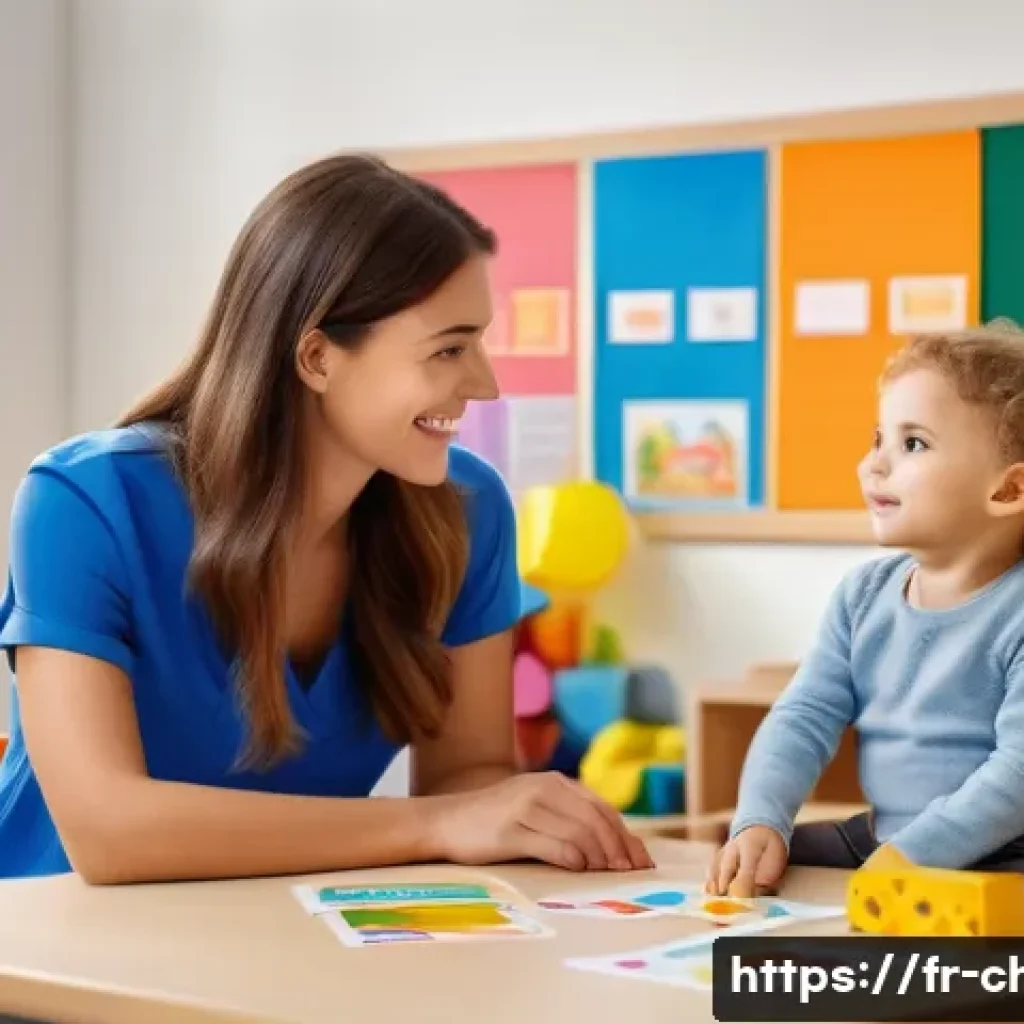 아동상담사 교육과정 선택 - A professional counseling session in a bright, welcoming French classroom setting, featuring a femal...