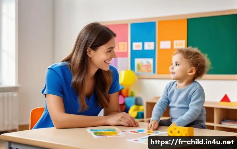 아동상담사 교육과정 선택 - A professional counseling session in a bright, welcoming French classroom setting, featuring a femal...