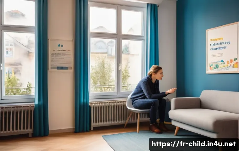 아동상담사 직무 능력 향상 - A warm and inviting counseling room in a modern French educational center, featuring a compassionate...