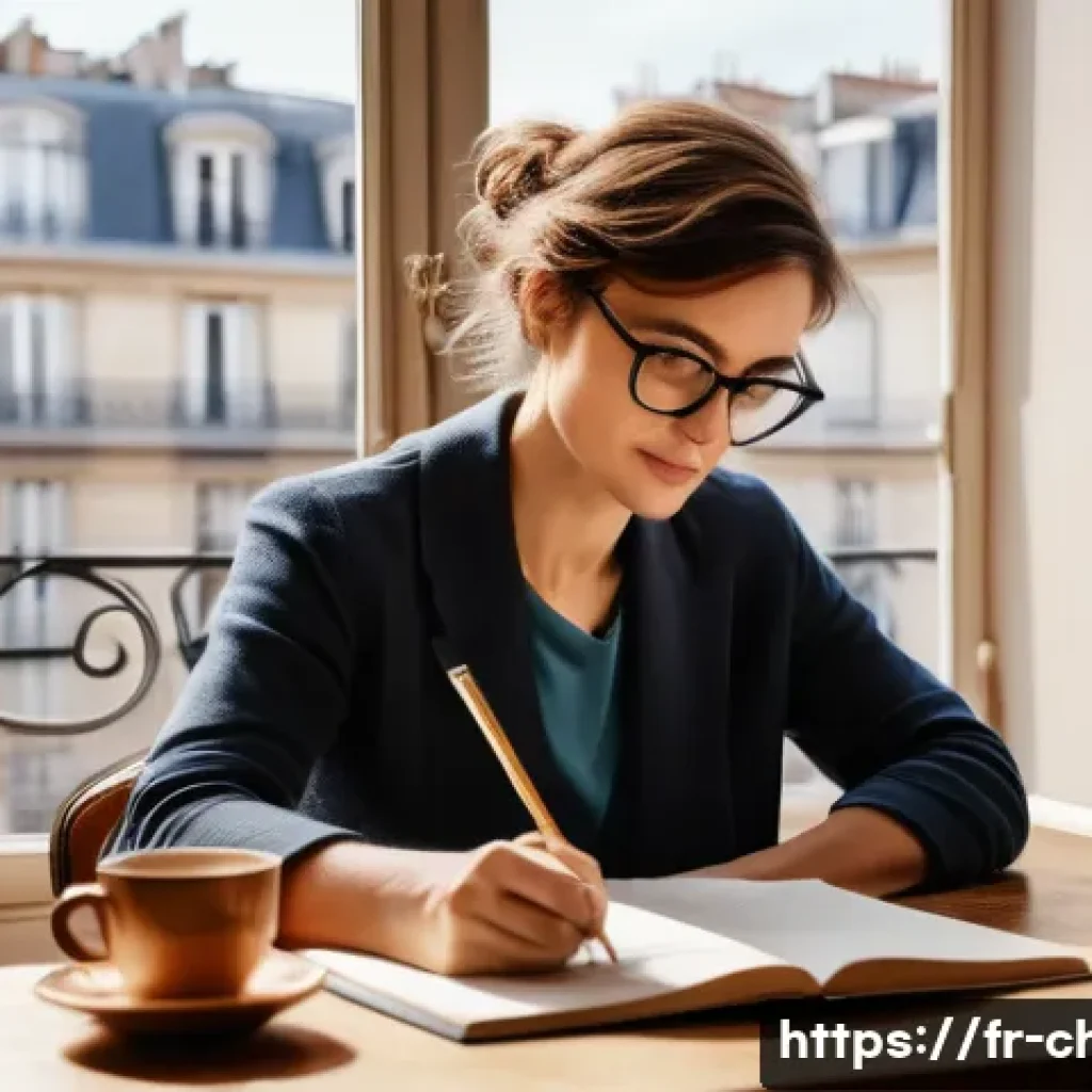아동상담사 이직 준비 과정 - A professional adult woman sitting at a cozy home office desk in Paris, surrounded by French books o...
