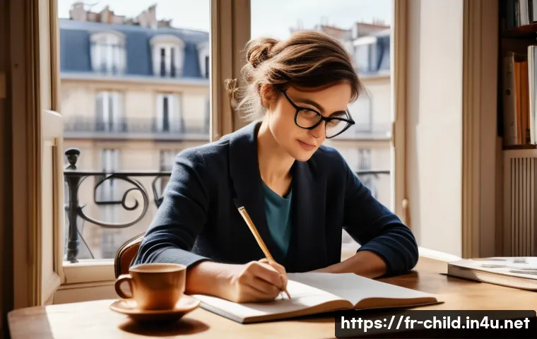 아동상담사 이직 준비 과정 - A professional adult woman sitting at a cozy home office desk in Paris, surrounded by French books o...