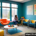 아동상담사 실무의 현실 - A warm and inviting therapy room designed for child counseling, featuring a diverse group of childre...