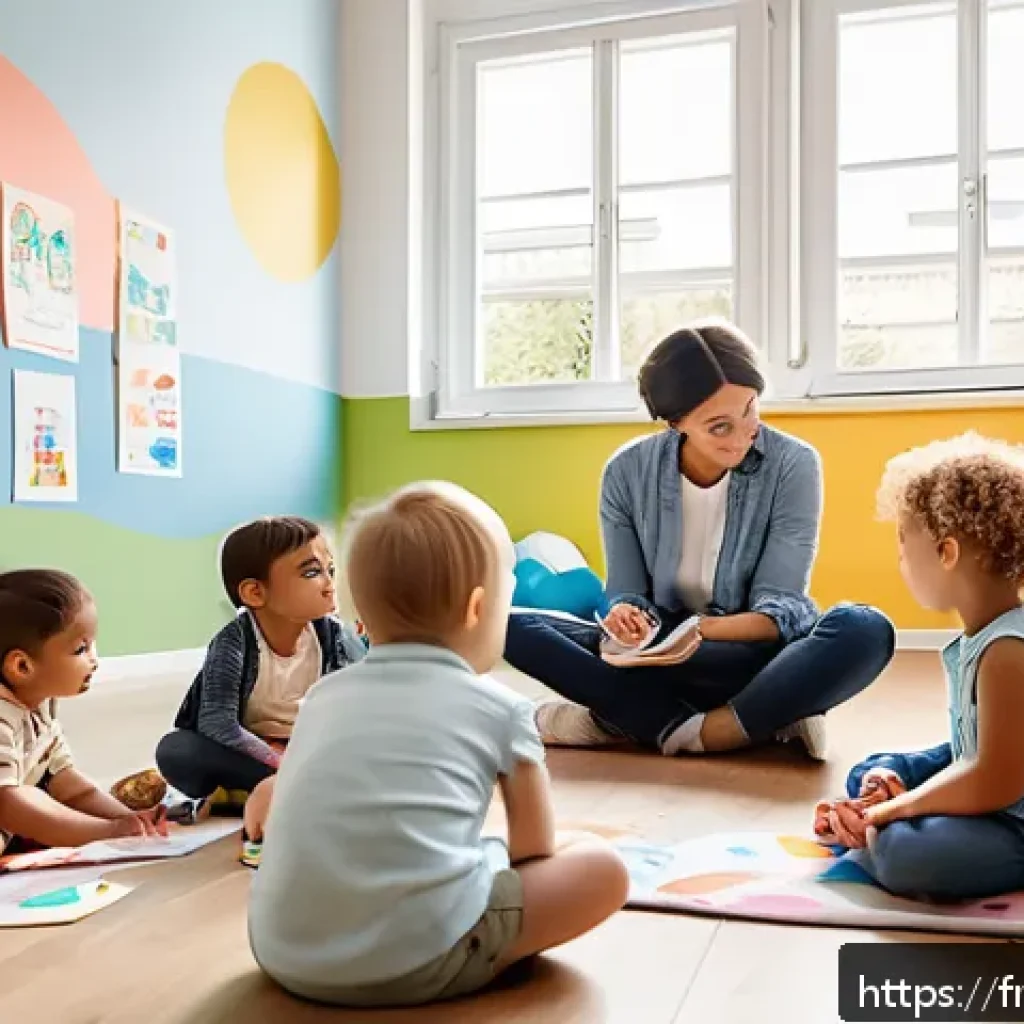 아동상담사 직무 커리어 개발 - A compassionate child counselor in a modern French office setting, attentively listening to a divers...