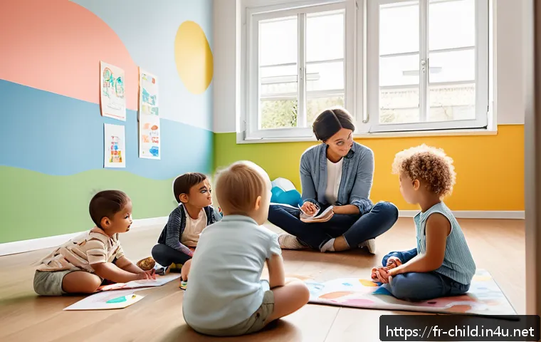 아동상담사 직무 커리어 개발 - A compassionate child counselor in a modern French office setting, attentively listening to a divers...