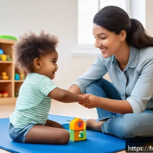 아동상담사 실기 시험 합격 전략 - A warm and inviting early childhood classroom scene in a French daycare center, showing a caregiver ...