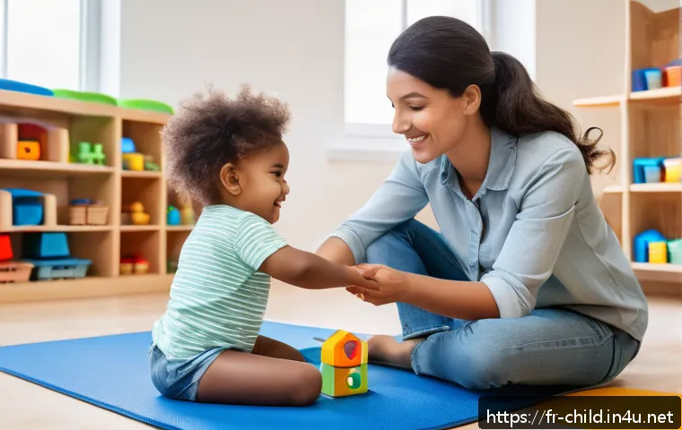 아동상담사 실기 시험 합격 전략 - A warm and inviting early childhood classroom scene in a French daycare center, showing a caregiver ...