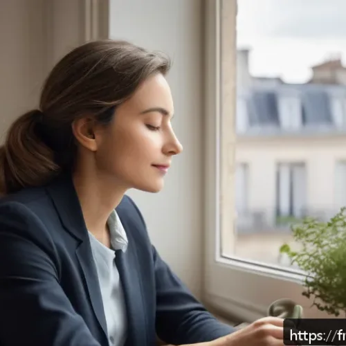 아동상담사 직무 스트레스 - A serene office scene depicting a French child counselor practicing mindfulness during a short break...