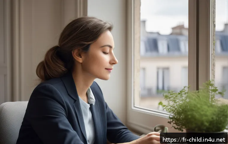 아동상담사 직무 스트레스 - A serene office scene depicting a French child counselor practicing mindfulness during a short break...