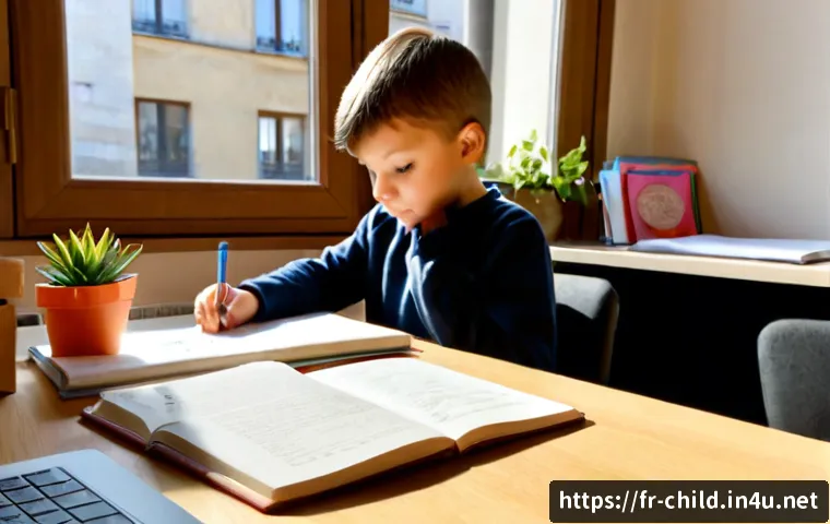 아동상담사 자기 개발 방법 - Photorealistic scene of a French child counselor in a calm professional office, thoughtfully reviewi...